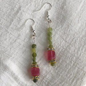 Lovely Silver Plated Strawberry Quartz and Jade Drop Earrings- Handmade